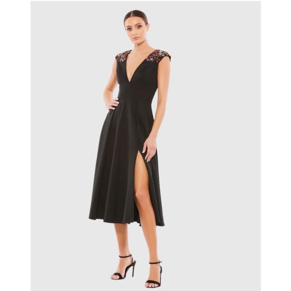 New | Mac Duggal 70214 Beaded Cap Sleeve A-Line
Midi Dress in Black Multi 4